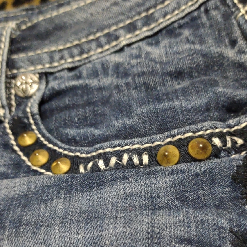 Miss Me Distressed Blue Jean Shorts with Multicolor Embroidery - Picture 10 of 11